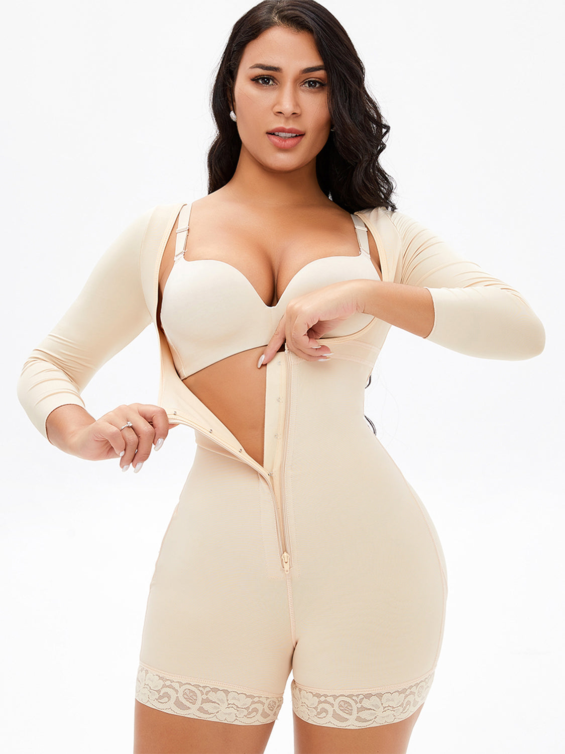 LIZAKOSHT  -  Full Size Zip Up Lace Detail Long Sleeve Shapewear