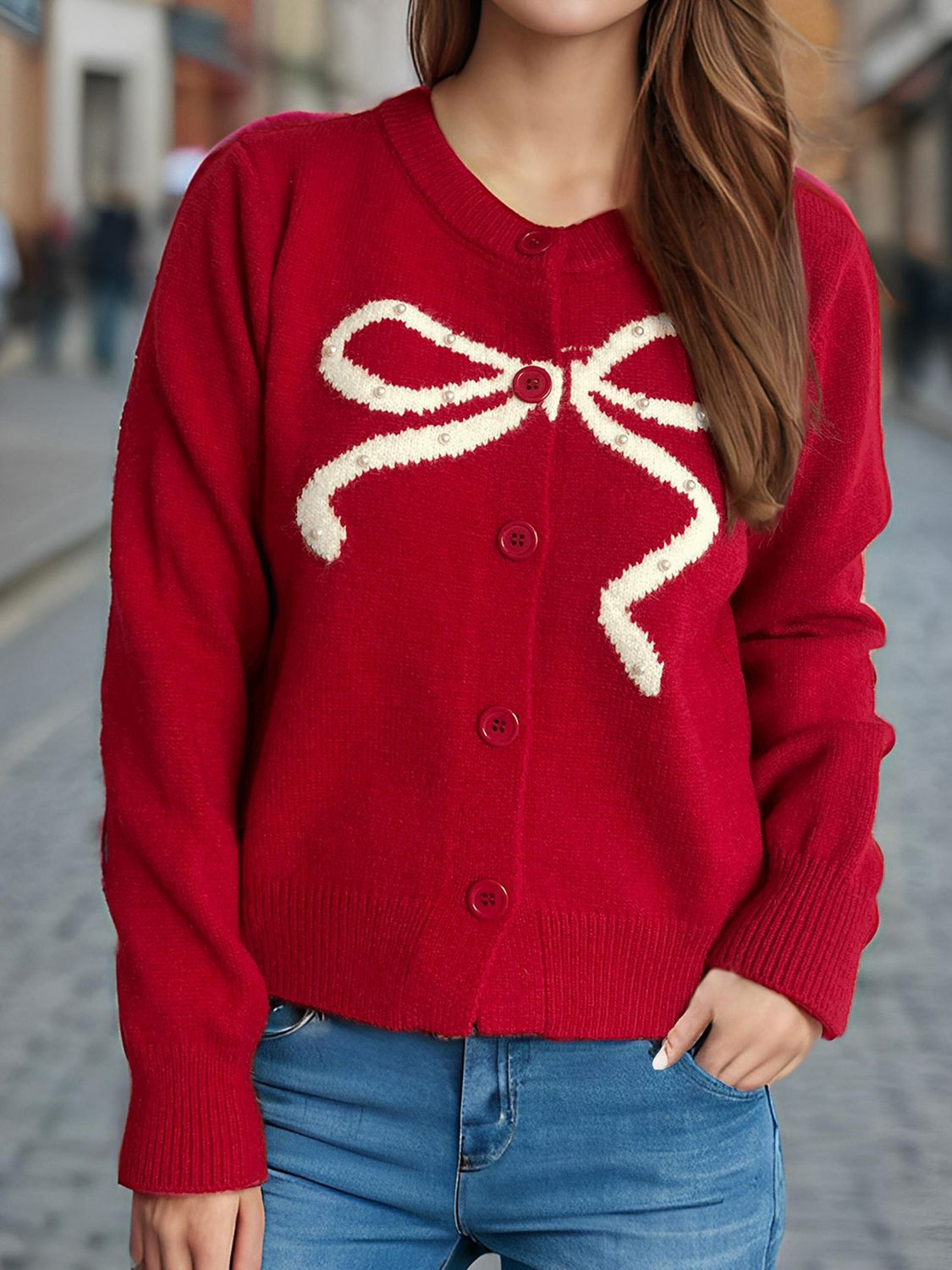 LIZAKOSHT  -  Bow Button Down Round Neck Cardigan