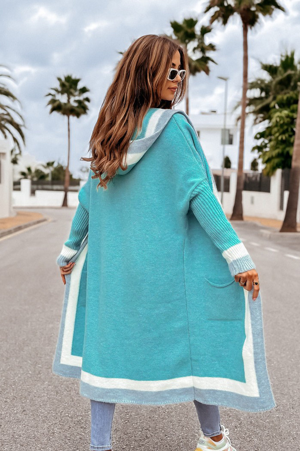 LIZAKOSHT  -  Pocketed Contrast Long Sleeve Hooded Cardigan
