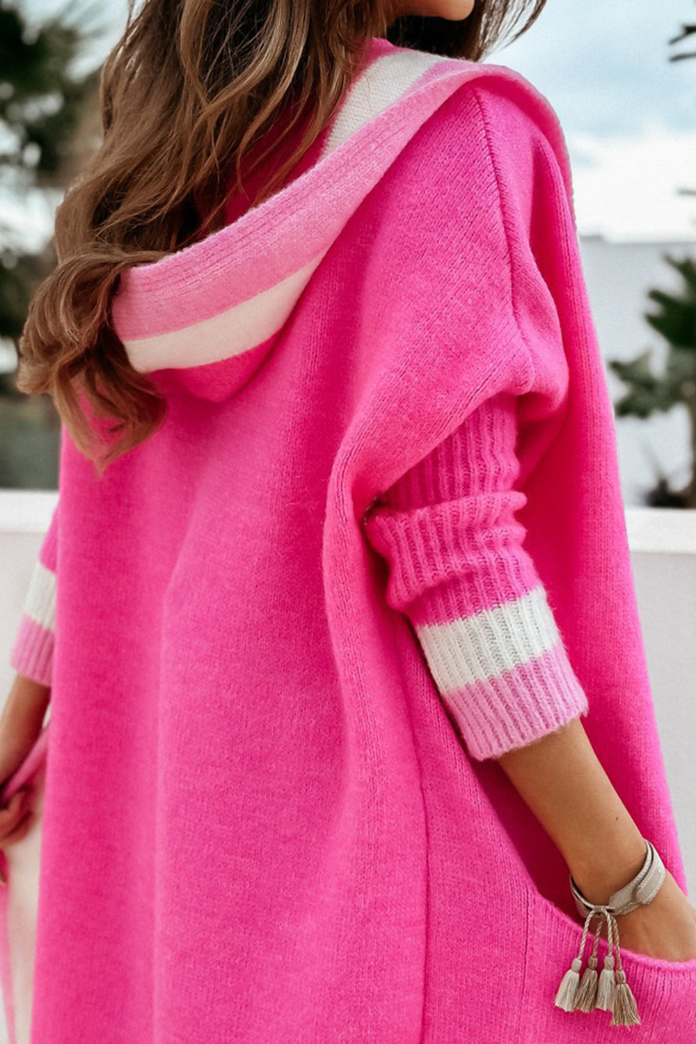 LIZAKOSHT  -  Pocketed Contrast Long Sleeve Hooded Cardigan
