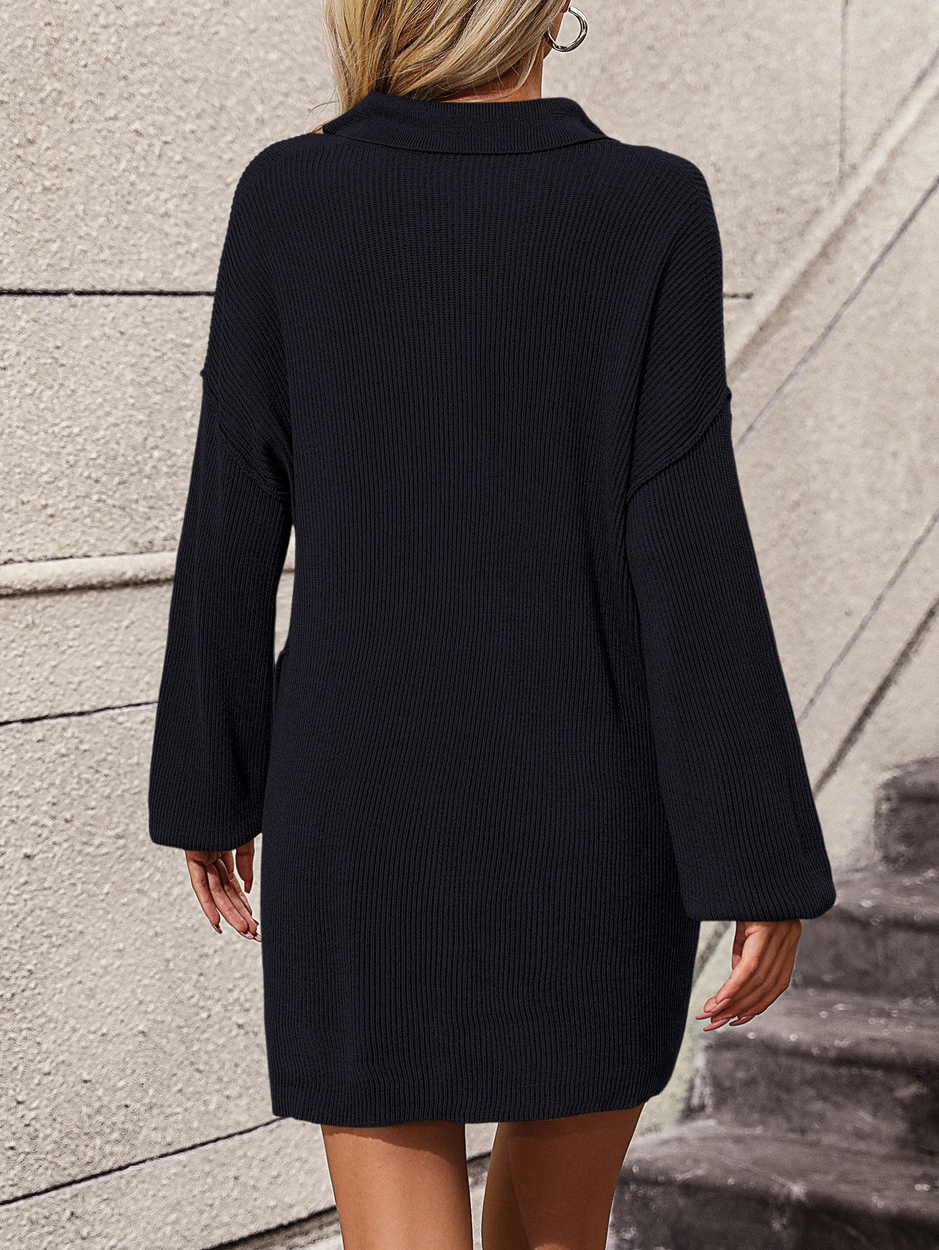 LIZAKOSHT  -  Collared Neck Long Sleeve Sweater Dress with Pockets