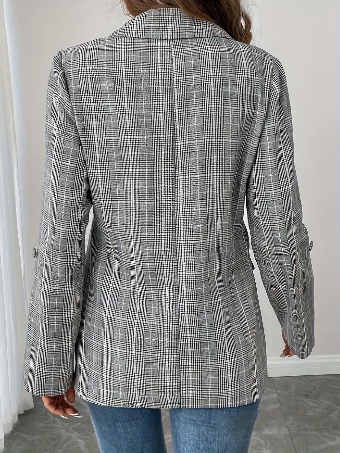 LIZAKOSHT  -  Single-Breasted Lapel Collar Plaid Blazer