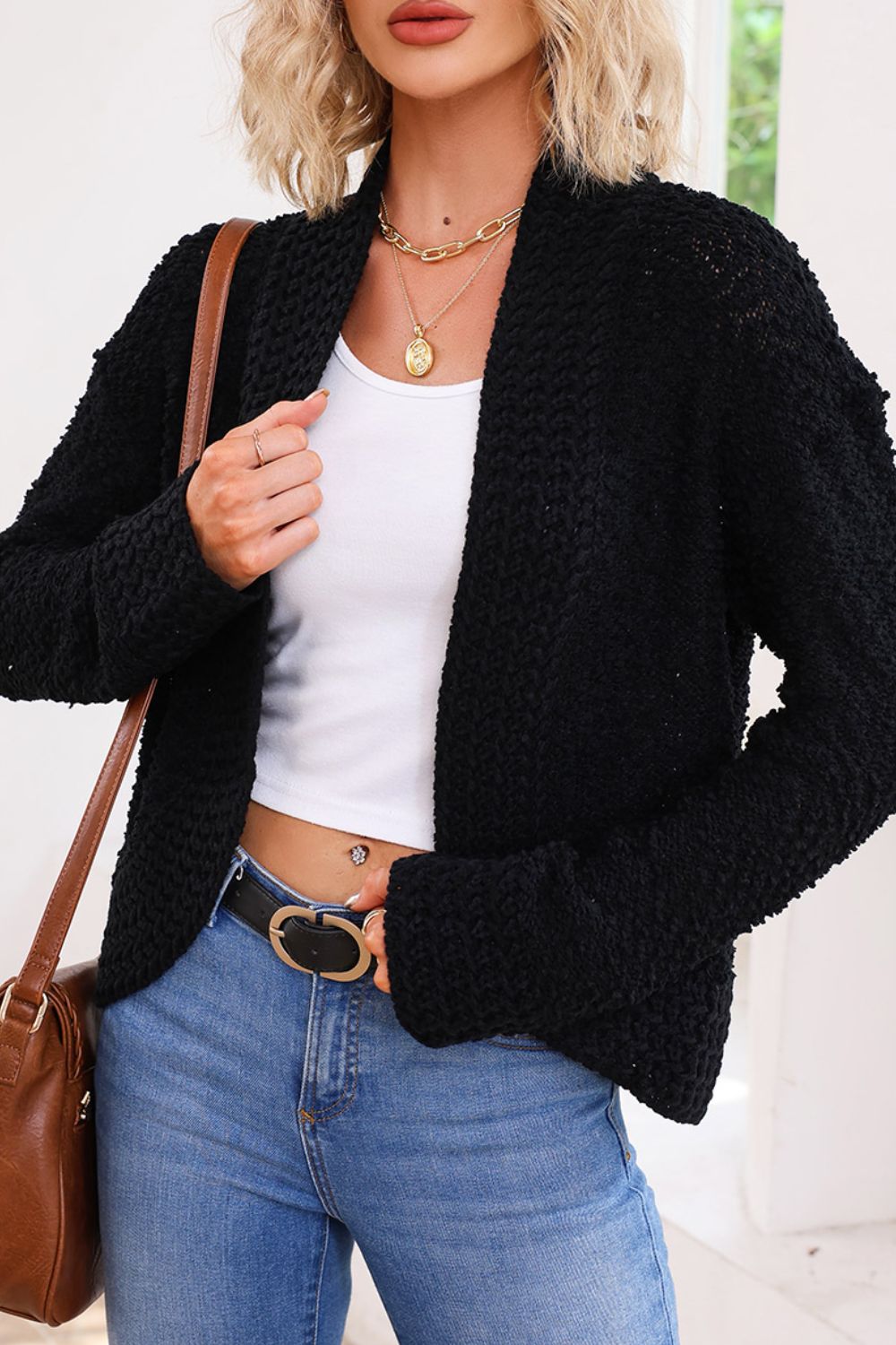 LIZAKOSHT  -  Solid Color Open Front Cardigan
