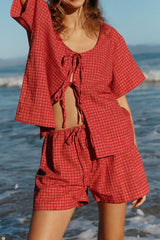 LIZAKOSHT  -  Plaid Tied Scoop Neck Short Sleeve Top and Drawstring Shorts Set