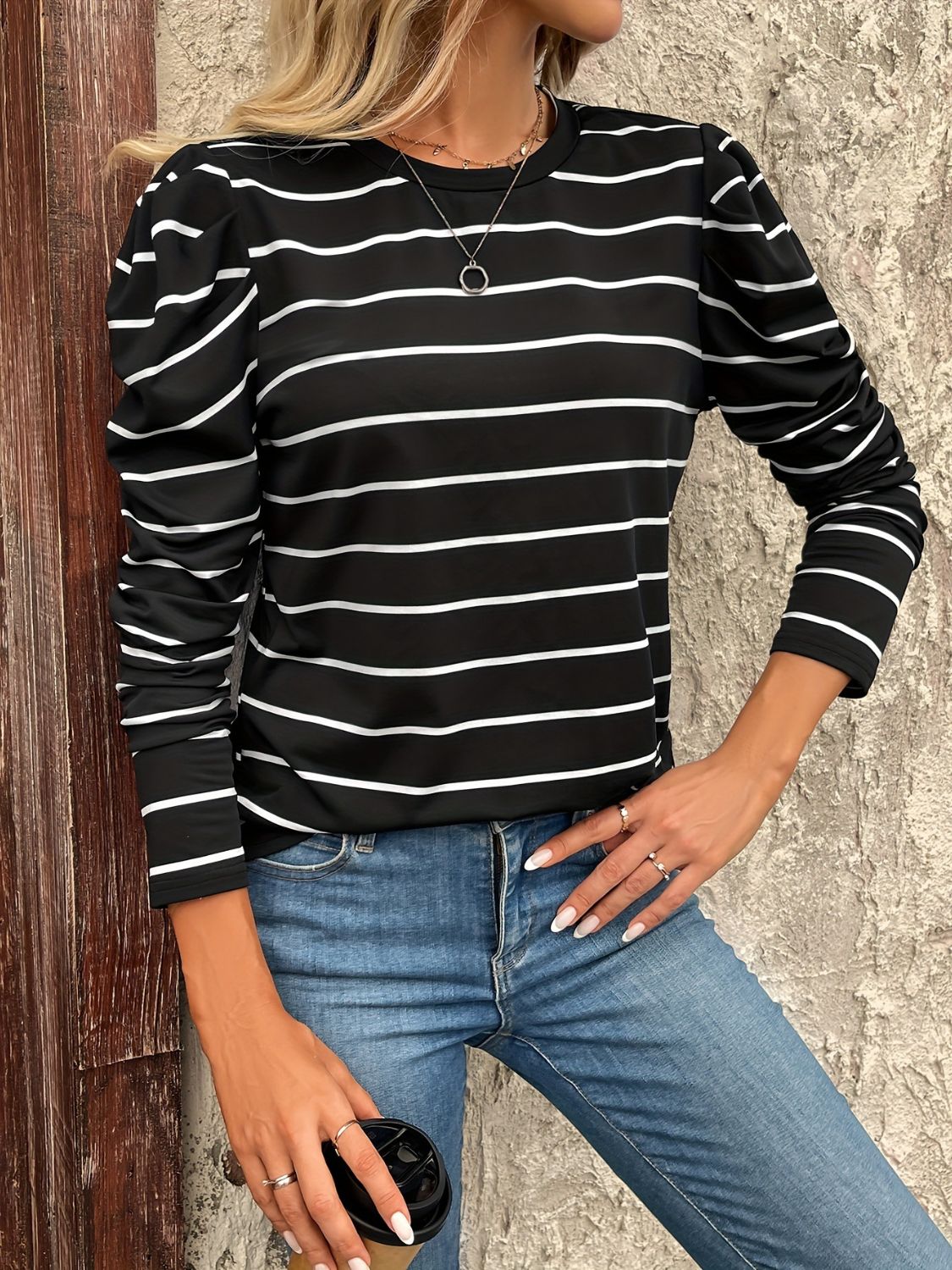 LIZAKOSHT  -  Full Size Striped Round Neck Puff Sleeve T-Shirt
