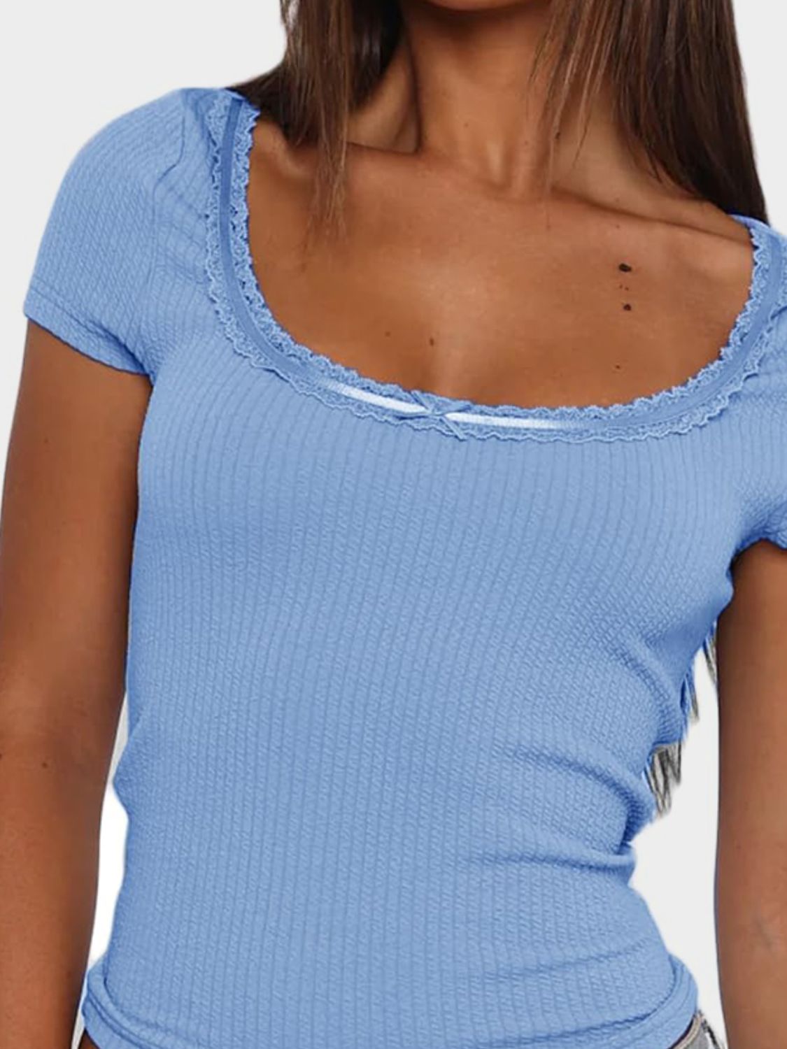 LIZAKOSHT  -  Lace Detail Scoop Neck Short Sleeve T-Shirt