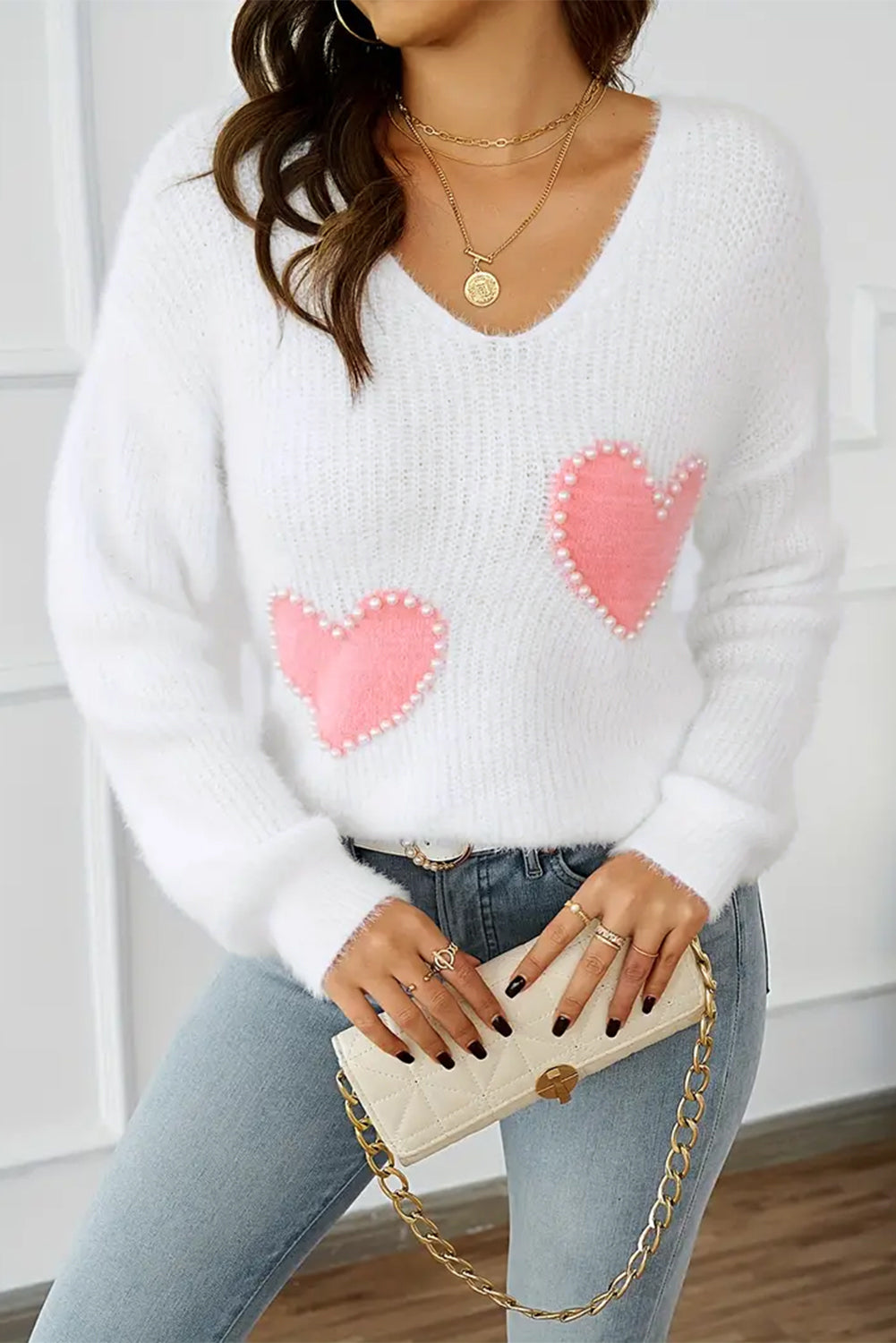 LIZAKOSHT  -  Heart V-Neck Long Sleeve Sweater