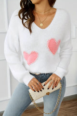 LIZAKOSHT  -  Heart V-Neck Long Sleeve Sweater
