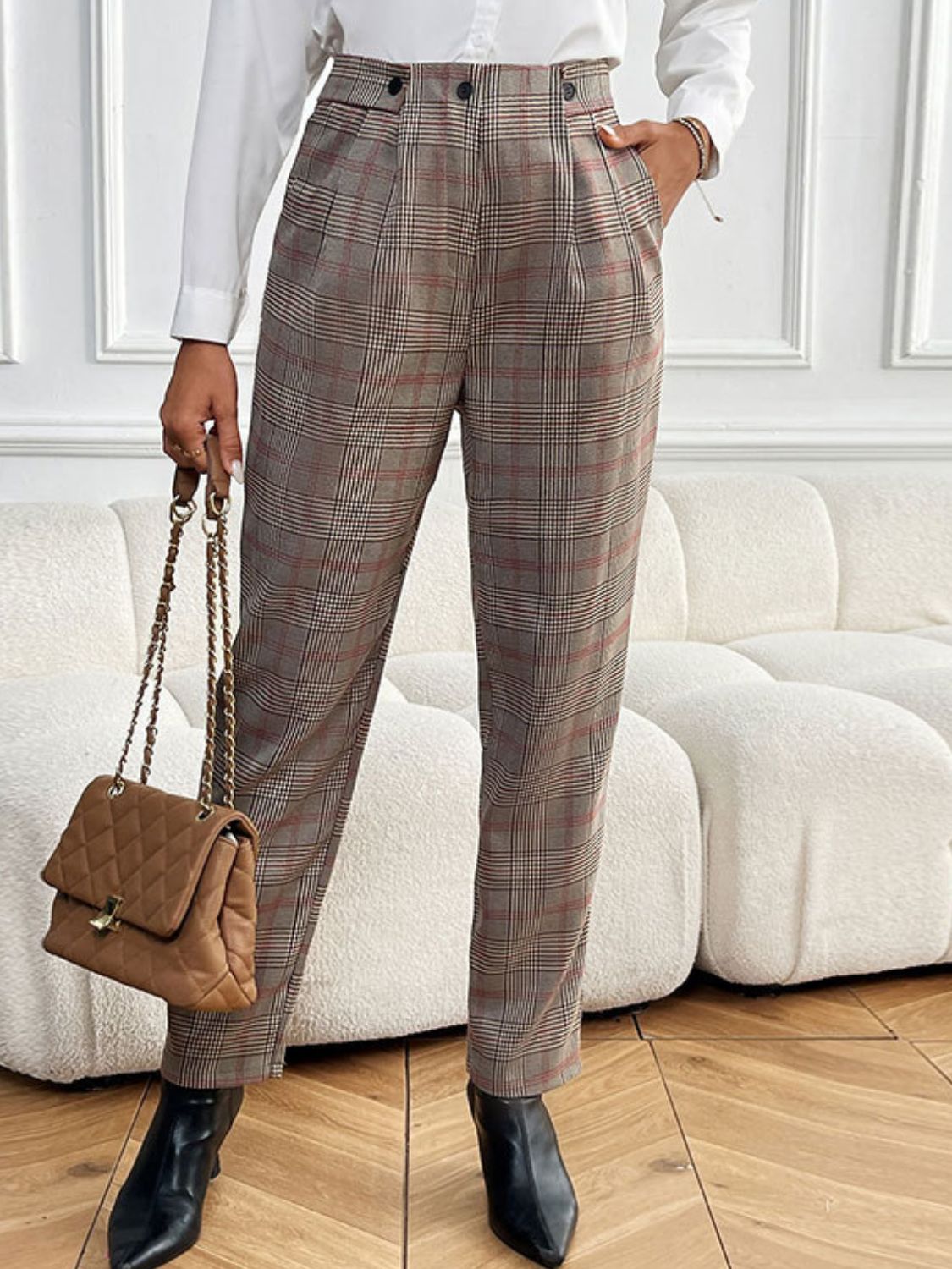 LIZAKOSHT  -  Perfee Plaid Straight Pants with Pockets