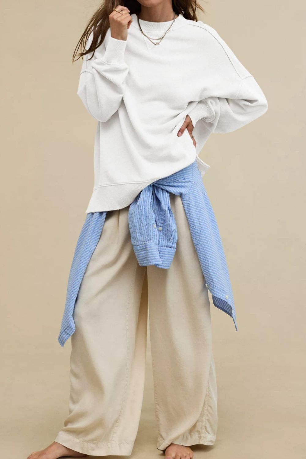 LIZAKOSHT  -  Side Slit Round Neck Long Sleeve Sweatshirt