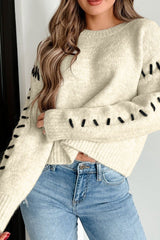 LIZAKOSHT  -  Contrast Stitch Detail Ribbed Trim Sweater