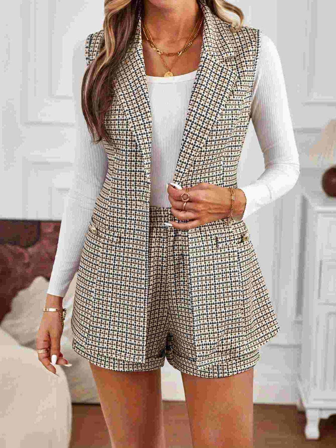 LIZAKOSHT  -  Tied Plaid Collared Neck Vest and Shorts Set