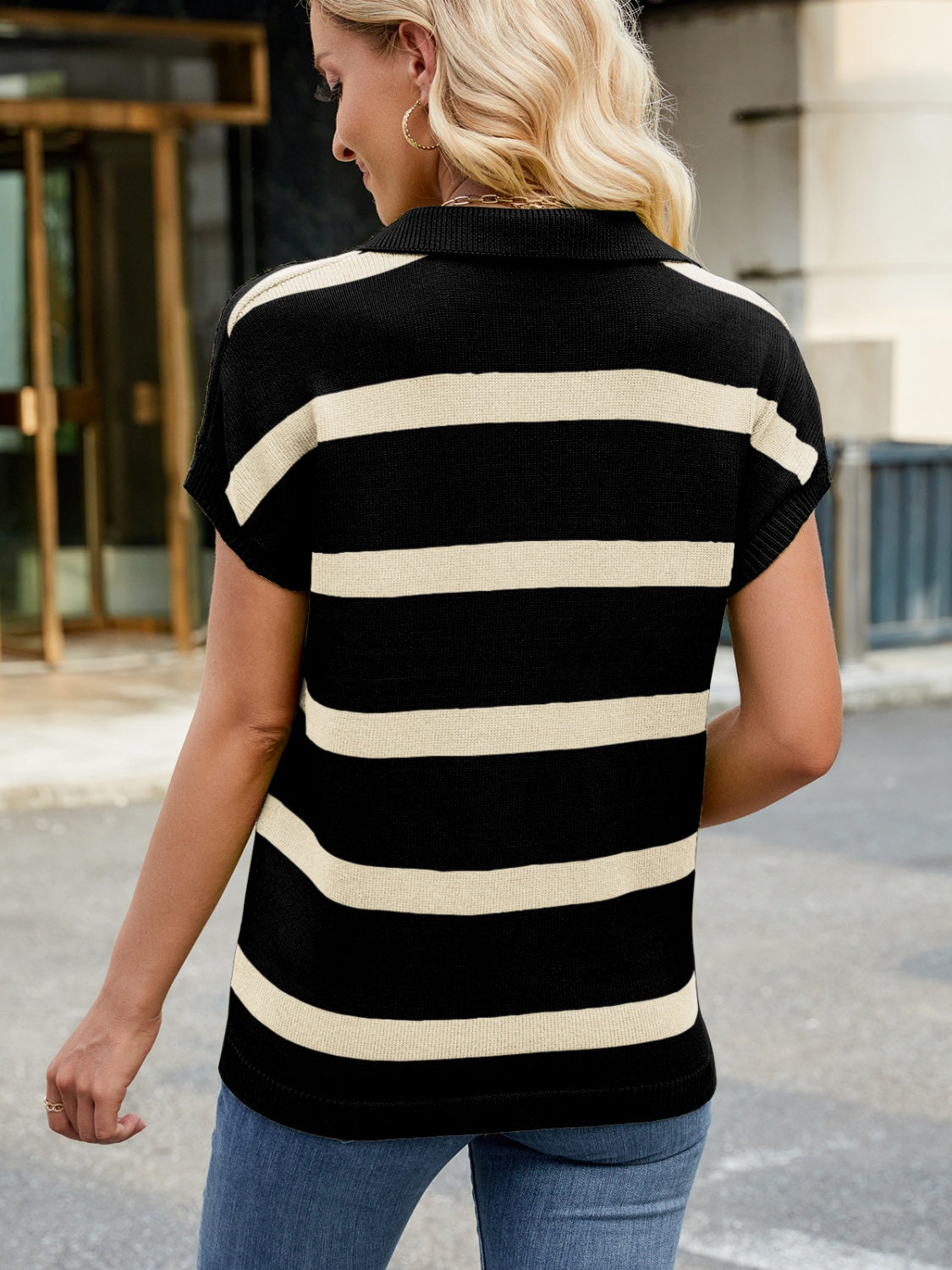 LIZAKOSHT  -  Striped Johnny Collar Cap Sleeve Sweater