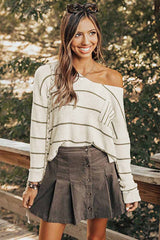 LIZAKOSHT  -  Striped V-Neck Drop Shoulder Sweater