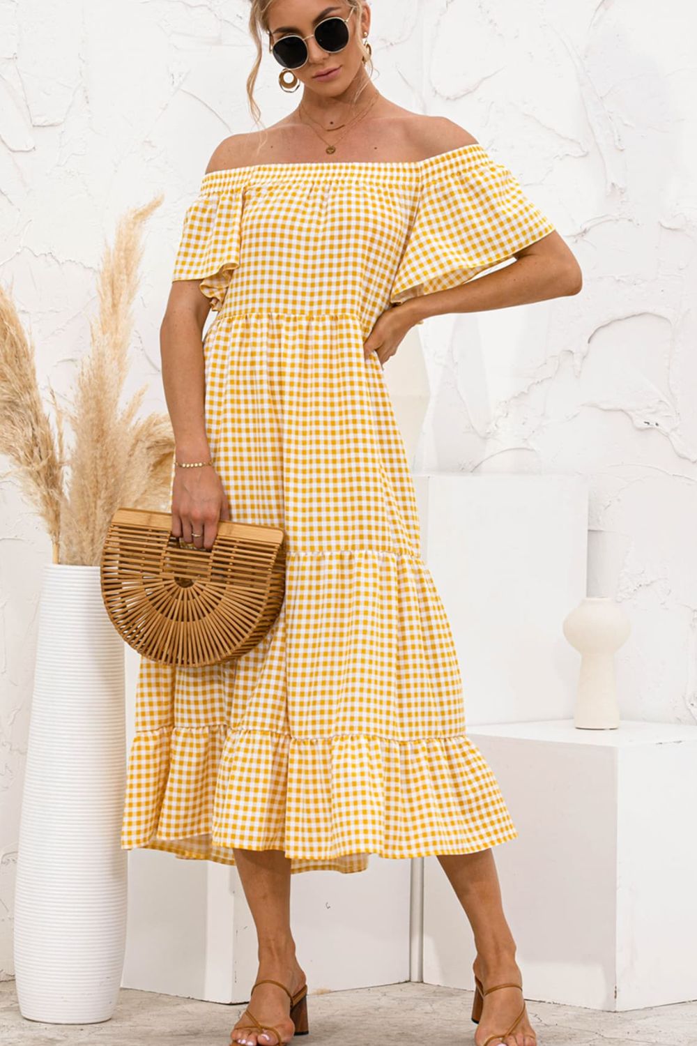 LIZAKOSHT  -  Plaid Off-Shoulder Tiered Midi Dress