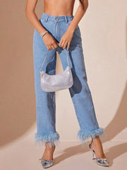 LIZAKOSHT  -  Plush Hem High Rise Straight Jeans
