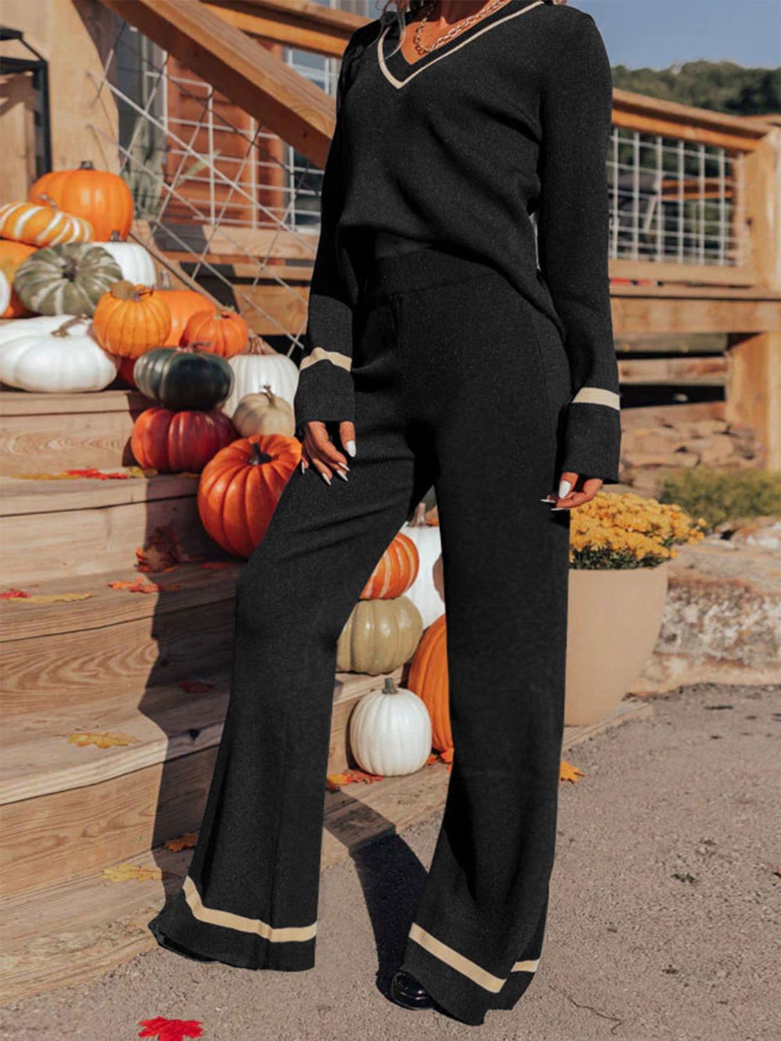 LIZAKOSHT  -  Perfee V-Neck Long Sleeve Top and Pants Set