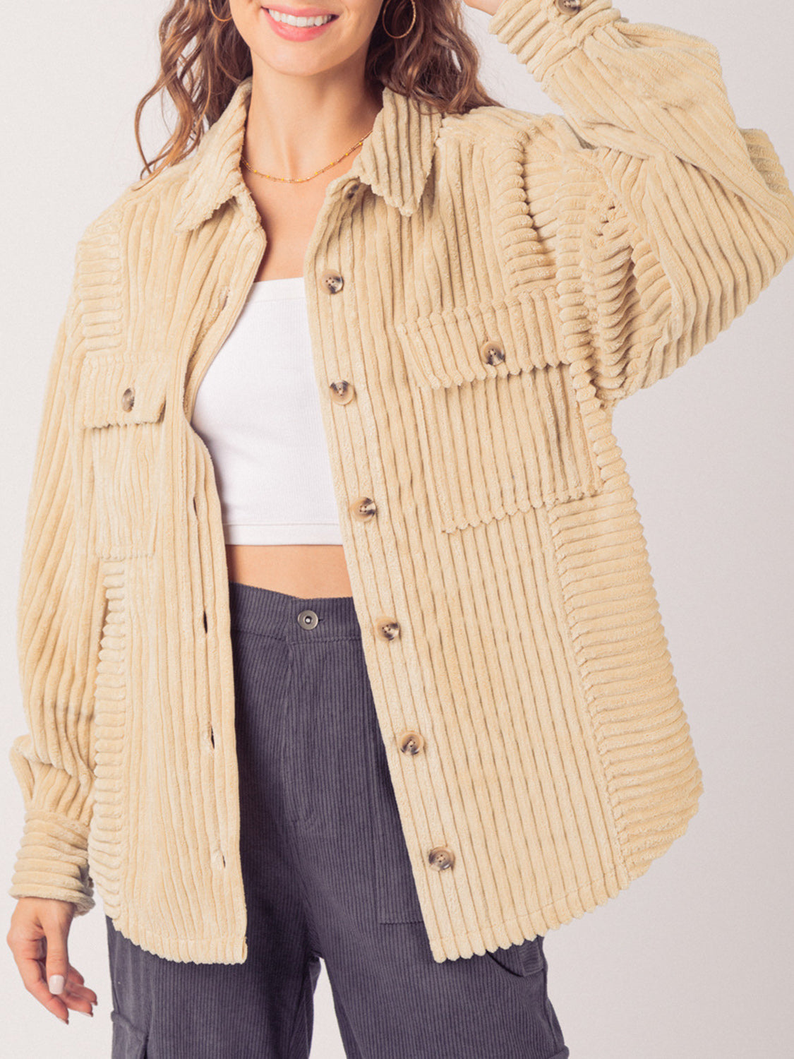 LIZAKOSHT  -  Button Up Long Sleeve Corduroy Jacket