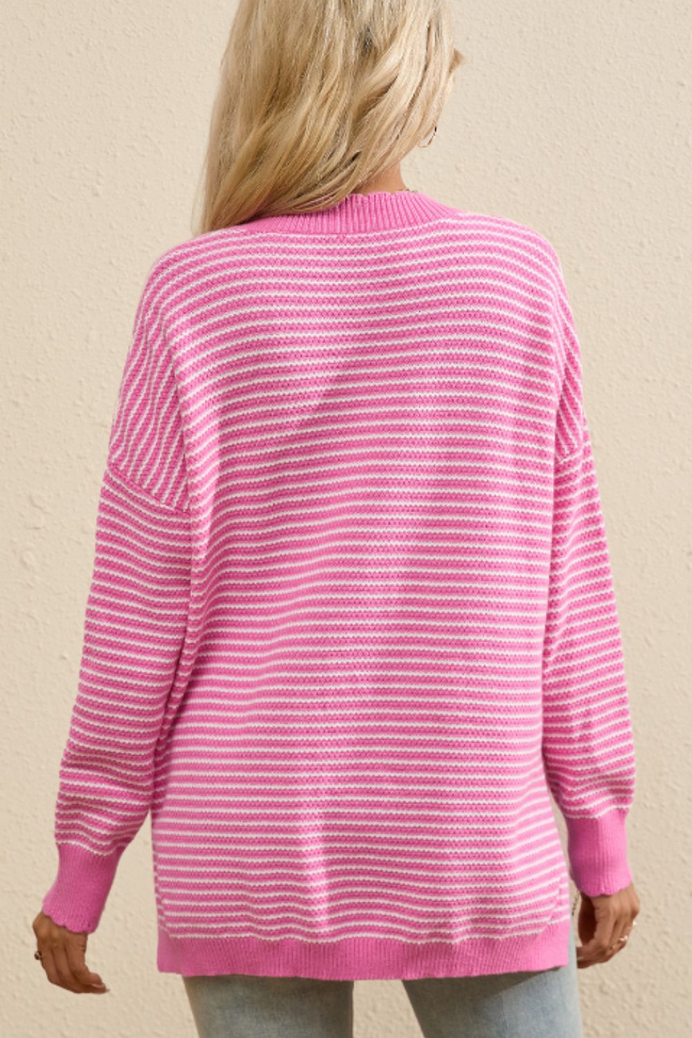LIZAKOSHT  -  Striped V-Neck Dropped Shoulder Sweater