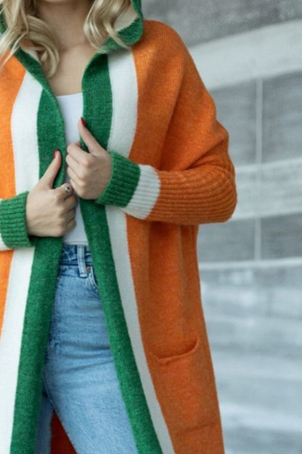 LIZAKOSHT  -  Pocketed Contrast Long Sleeve Hooded Cardigan