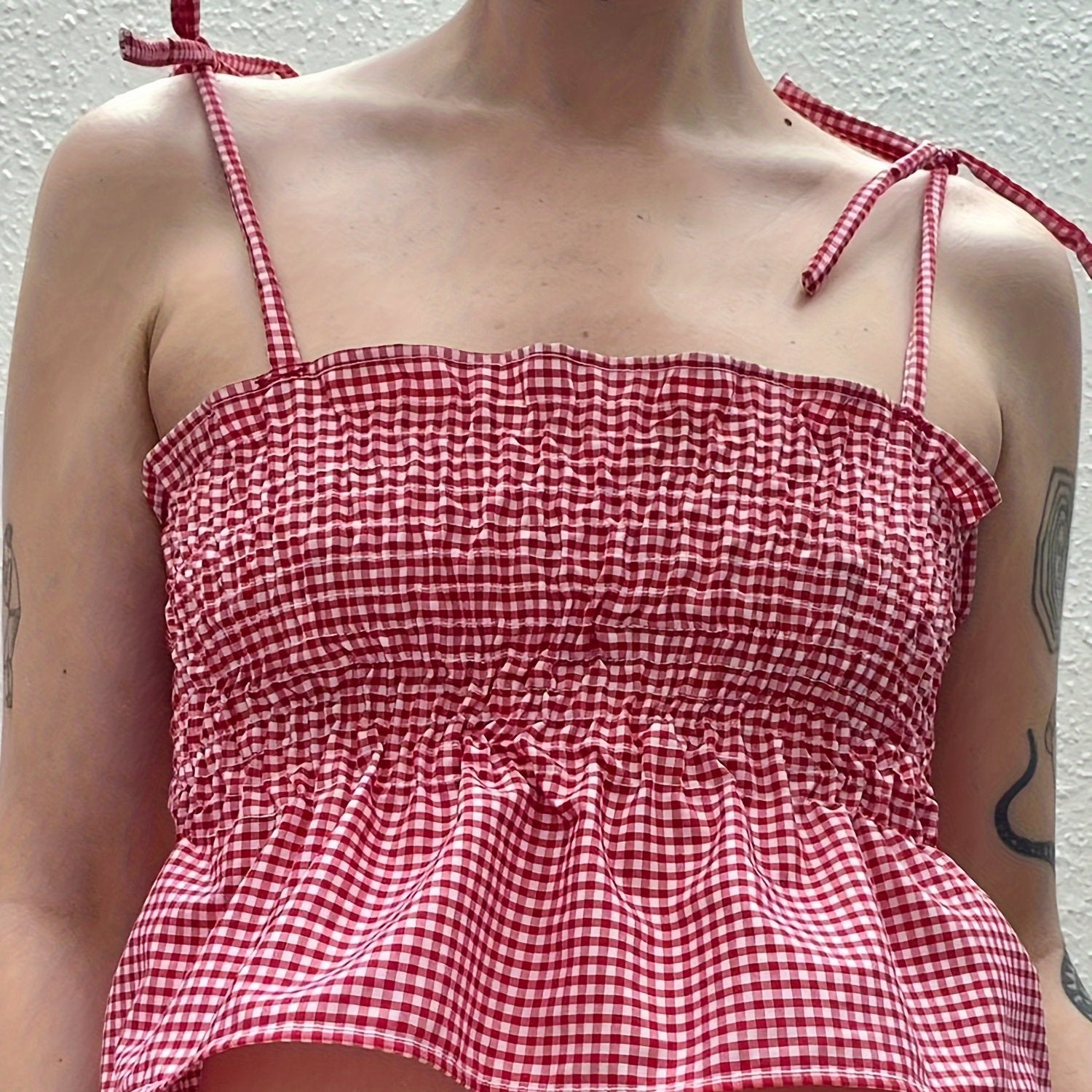 LIZAKOSHT  -  Y2K-Inspired Red & White Gingham Print Crop Camisole for Women - Sleeveless Tie-Strap Top with Ruffled Hem, Casual Streetwear & Clubwear, Machine Washable Polyester, Club Fashion Top | Offshoulder Camisole | Pol