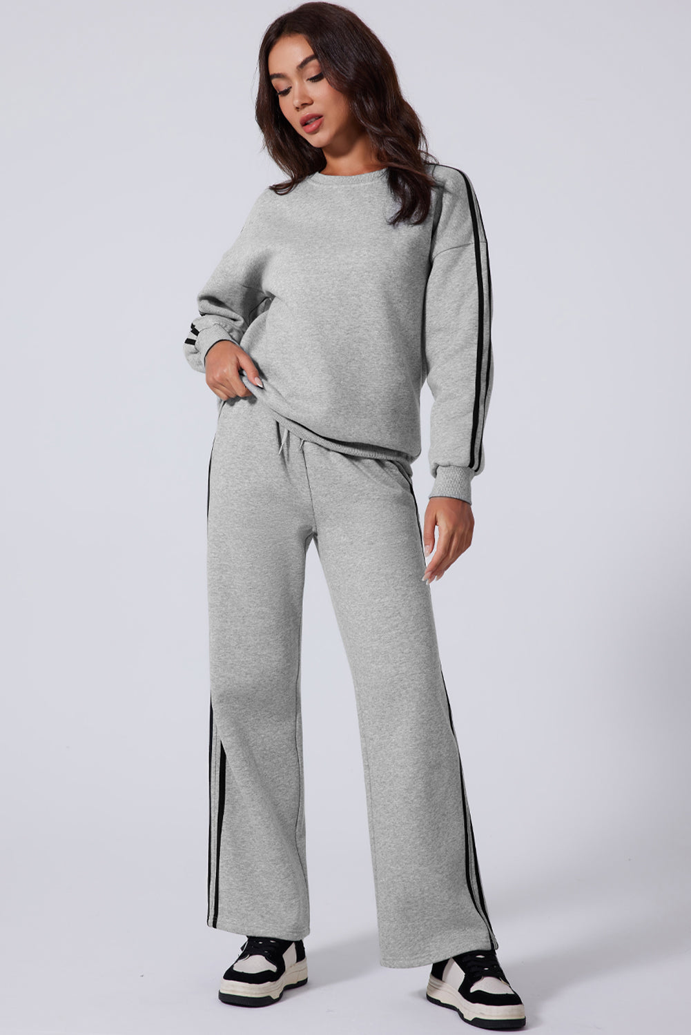 LIZAKOSHT  -  Side Striped Round Neck Top and Pants Active Set
