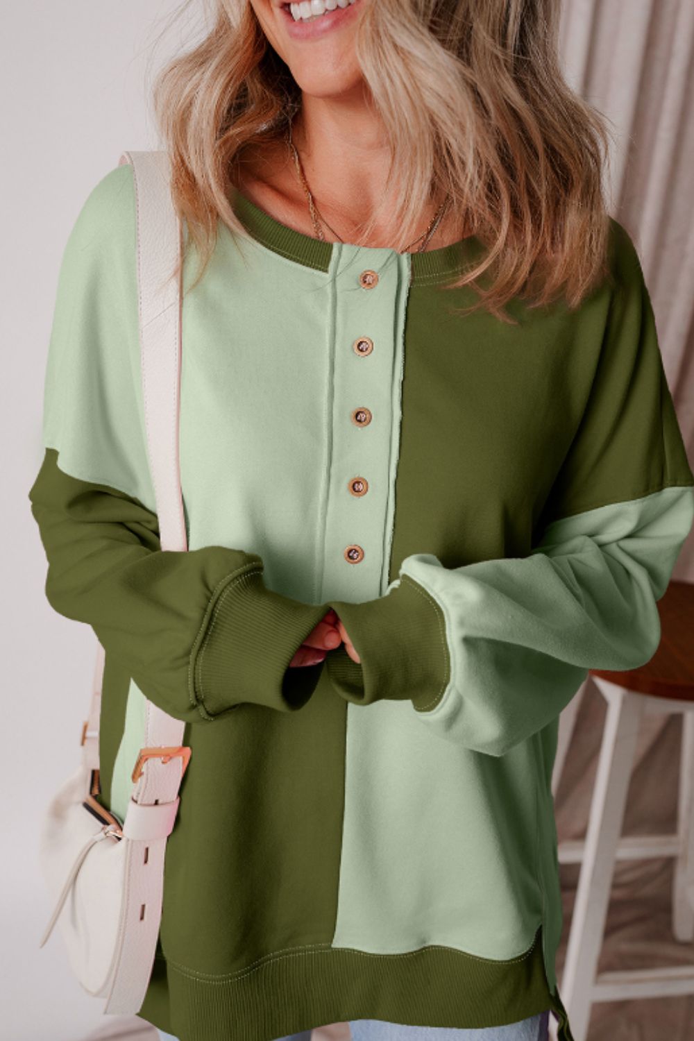 LIZAKOSHT  -  Color Block Half Button Long Sleeve Sweatshirt
