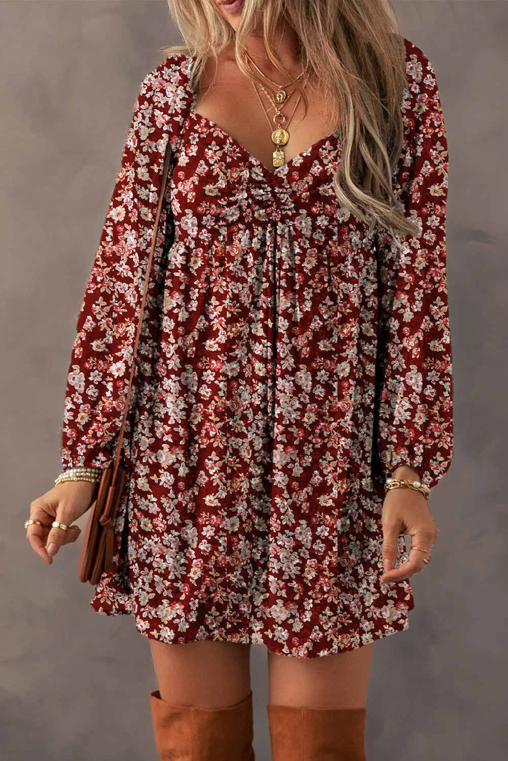 LIZAKOSHT  -  Ruched Printed Long Sleeve Mini Dress