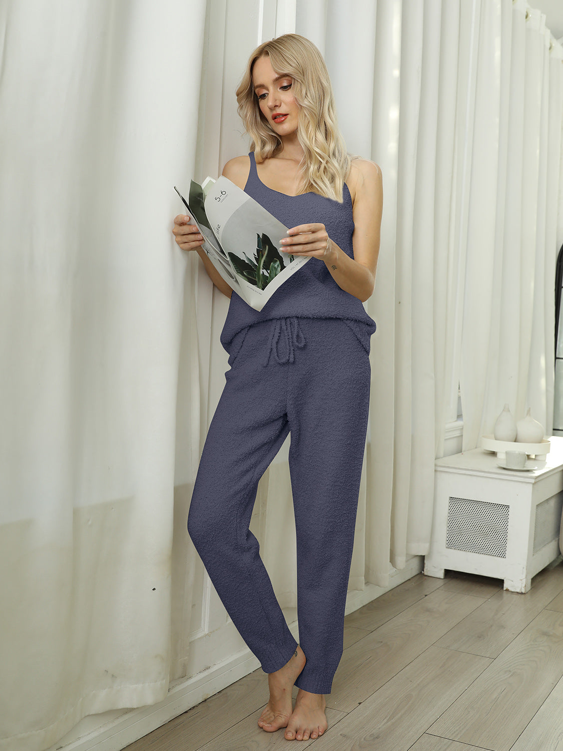 LIZAKOSHT  -  Fuzzy V-Neck Cami and Pants Lounge Set