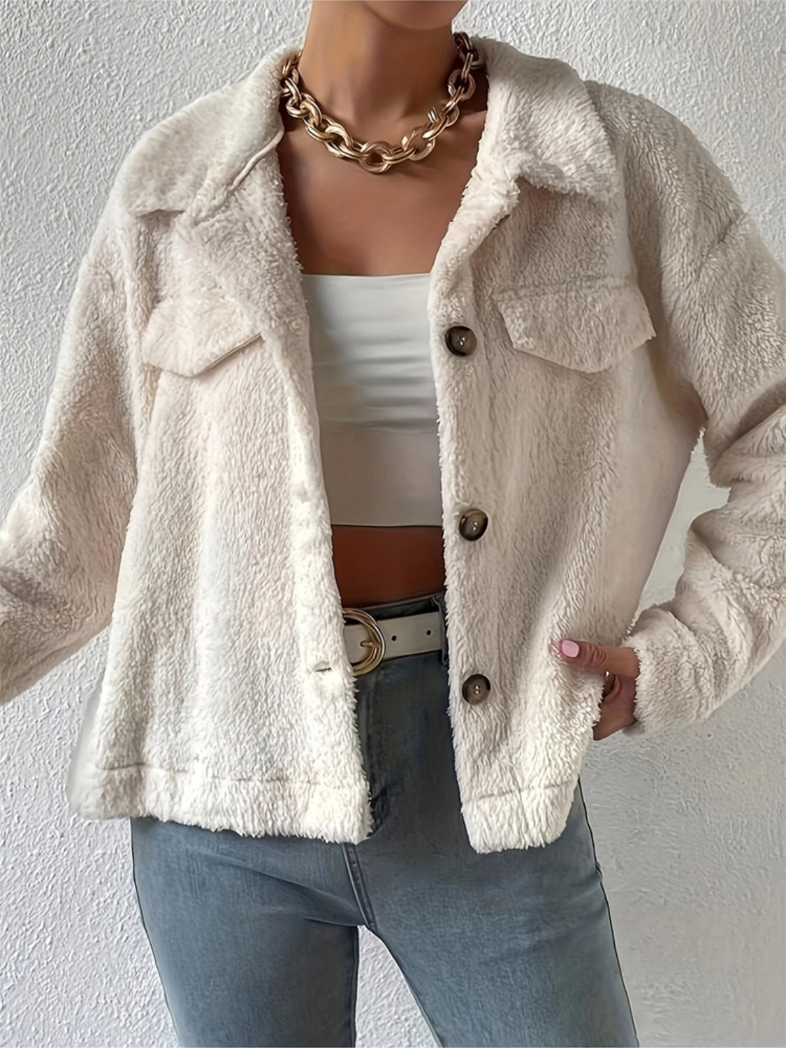 LIZAKOSHT  -  Collared Neck Button Up Jacket with Decorative Pocket Flaps