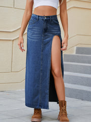 LIZAKOSHT  -  Slit Buttoned Denim Skirt with Pockets