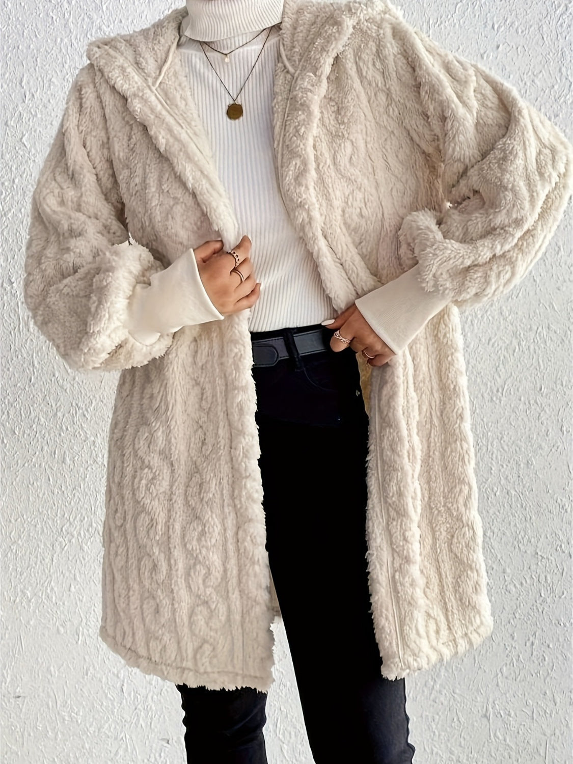 LIZAKOSHT  -  Open Front Long Sleeve Fuzzy Hooded Jacket