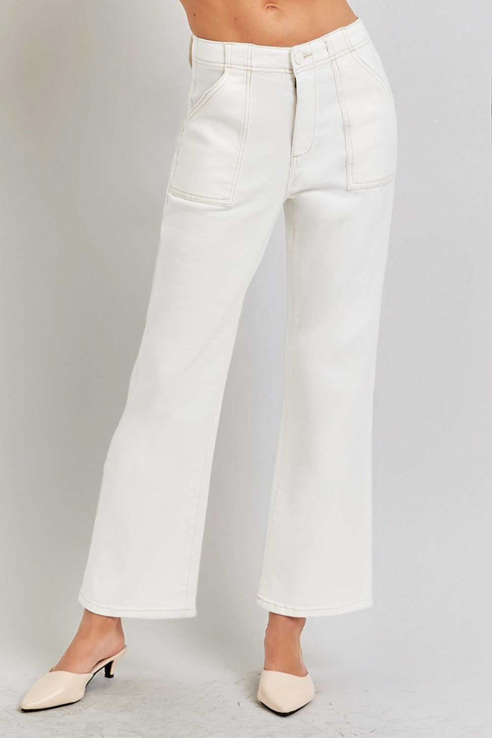 LIZAKOSHT  -  High Rise Ankle Flare Jeans with Patch Pockets