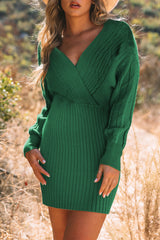 LIZAKOSHT  -  Cable-Knit Surplice Lantern Sleeve Sweater Dress