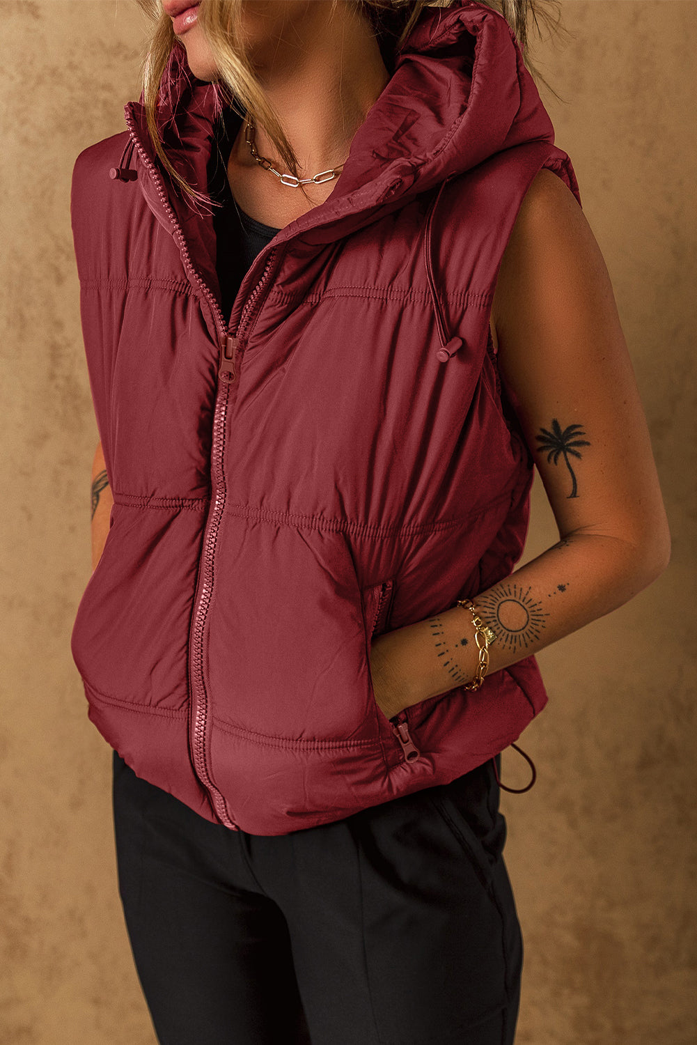 LIZAKOSHT  -  Drawstring Zip Up Hooded Vest Coat