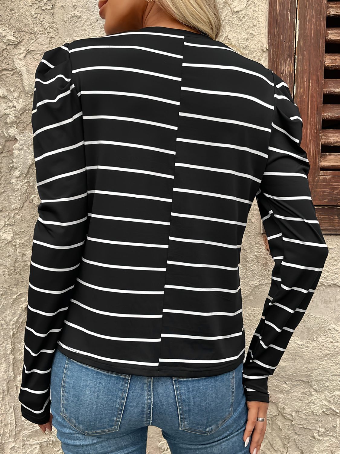 LIZAKOSHT  -  Full Size Striped Round Neck Puff Sleeve T-Shirt