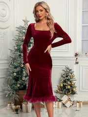 LIZAKOSHT  -  Plush Hem Square Neck Long Sleeve Dress