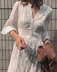 Lizakosht White Floral Embroidery Maxi Dress Vintage Boho Long Lantern Sleeve Dress Women V-neck Holiday Sexy Ladies Dresses