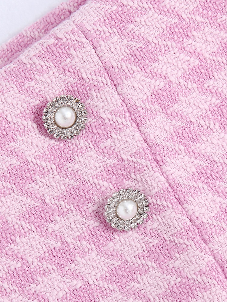 Lizakosht Womens Shorts Sets Elegant Houndstooth Tweed Set Cropped Blazer And High Waist Skort False Bejeweled Button Piece Suit