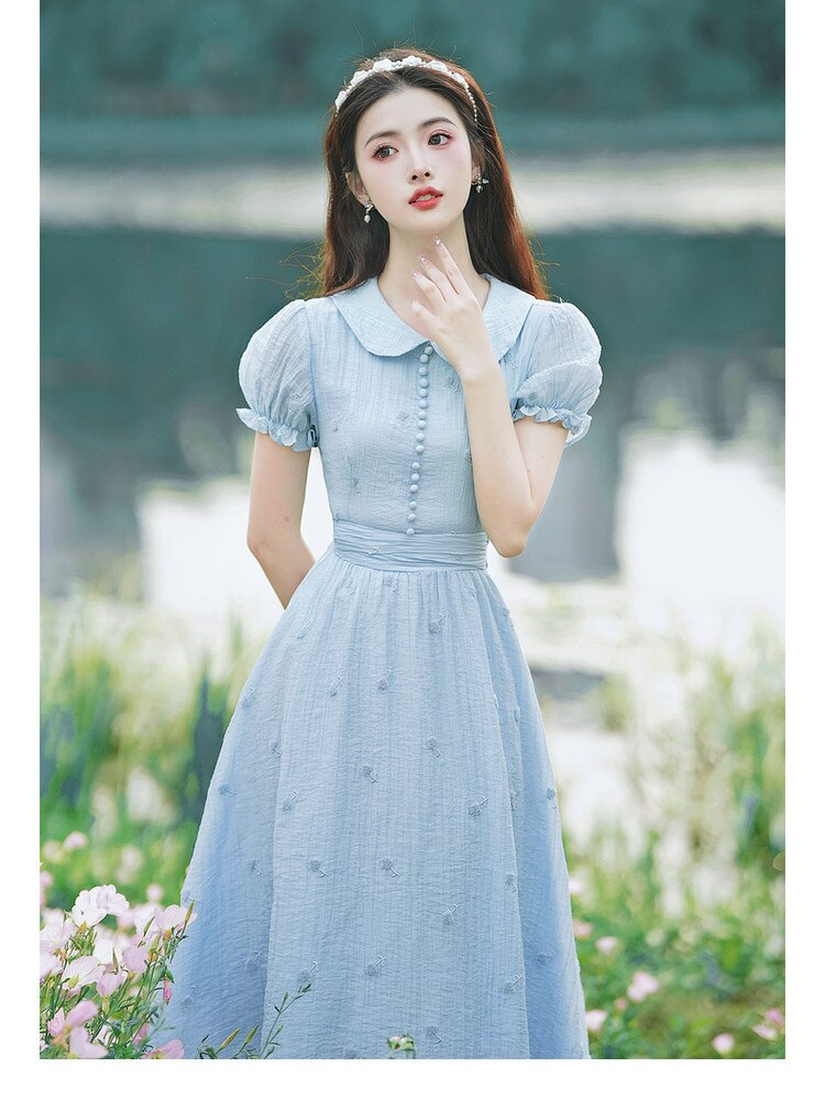 Lizakosht French Vintage Embroidery Dresses for Women's High Quality Short Sleeve Vestidos Blue Summer Peter pan Collar Sweet Dress