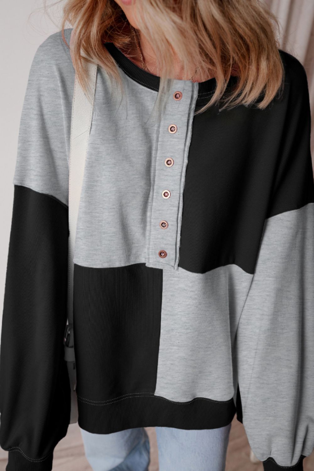LIZAKOSHT  -  Color Block Half Button Long Sleeve Sweatshirt