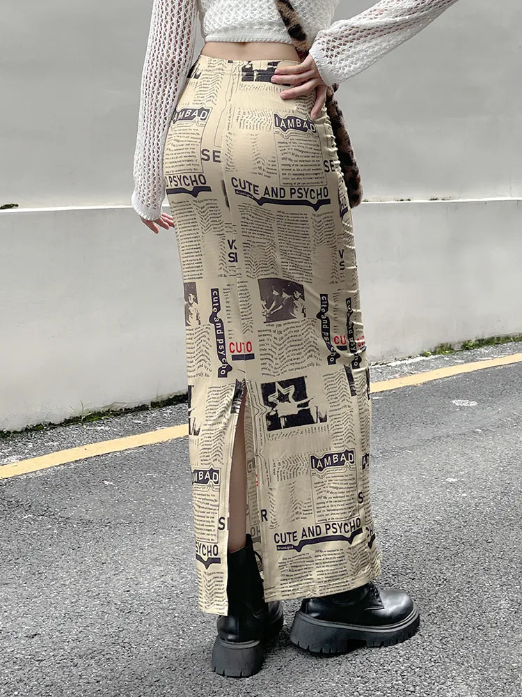 Lizakosht  Vintage Printed Long Skirt Women Y2k Grunge Green Cottagecore Low Waist Slim Straight Midi Skirt Girls 90s Aesthetic