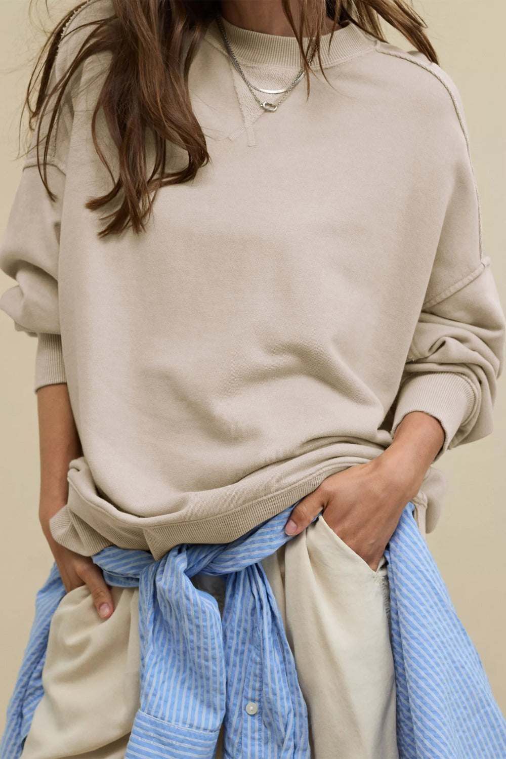 LIZAKOSHT  -  Side Slit Round Neck Long Sleeve Sweatshirt
