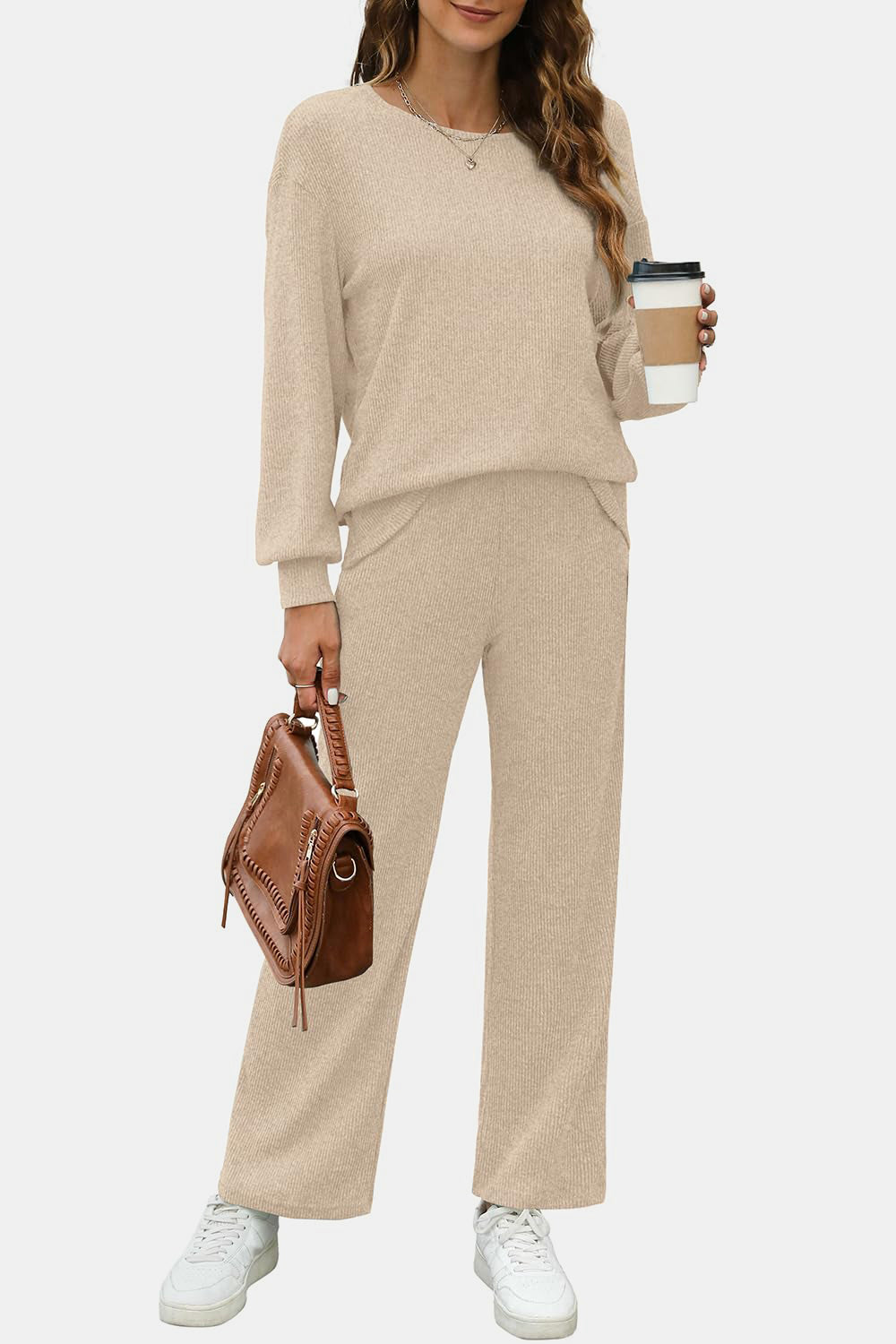 LIZAKOSHT  -  Round Neck Long Sleeve Top and Pants Set