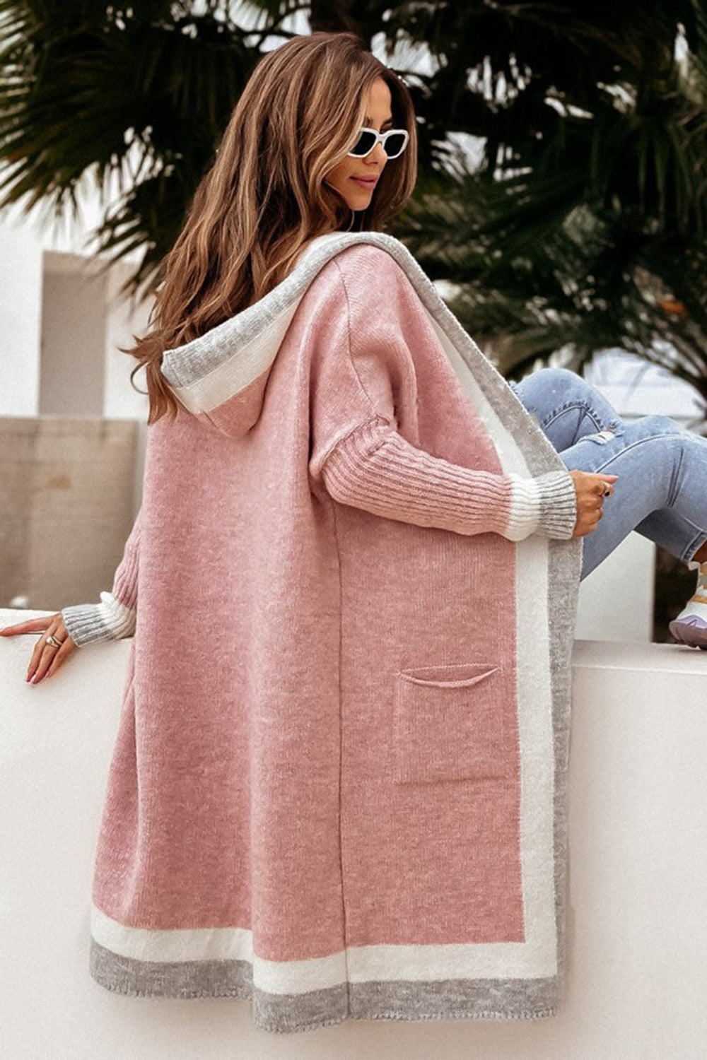LIZAKOSHT  -  Pocketed Contrast Long Sleeve Hooded Cardigan