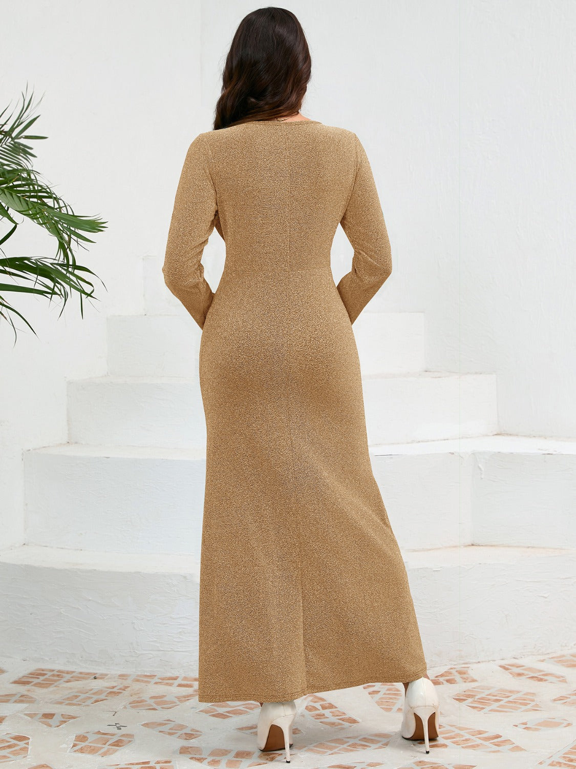 LIZAKOSHT  -  Ruched Round Neck Long Sleeve Dress