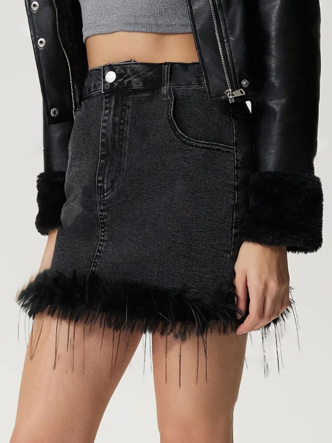 LIZAKOSHT  -  Plush Hem Mini Denim Skirt