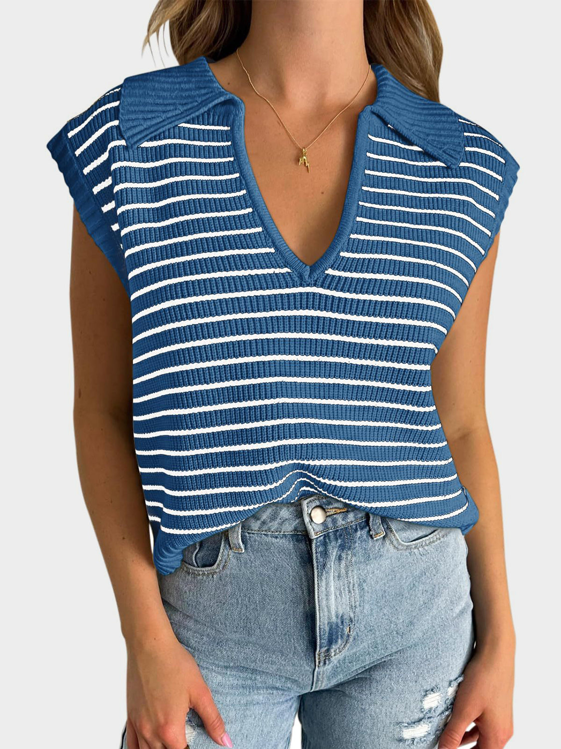 LIZAKOSHT  -  Mandy Collared Neck Striped Sweater Vest