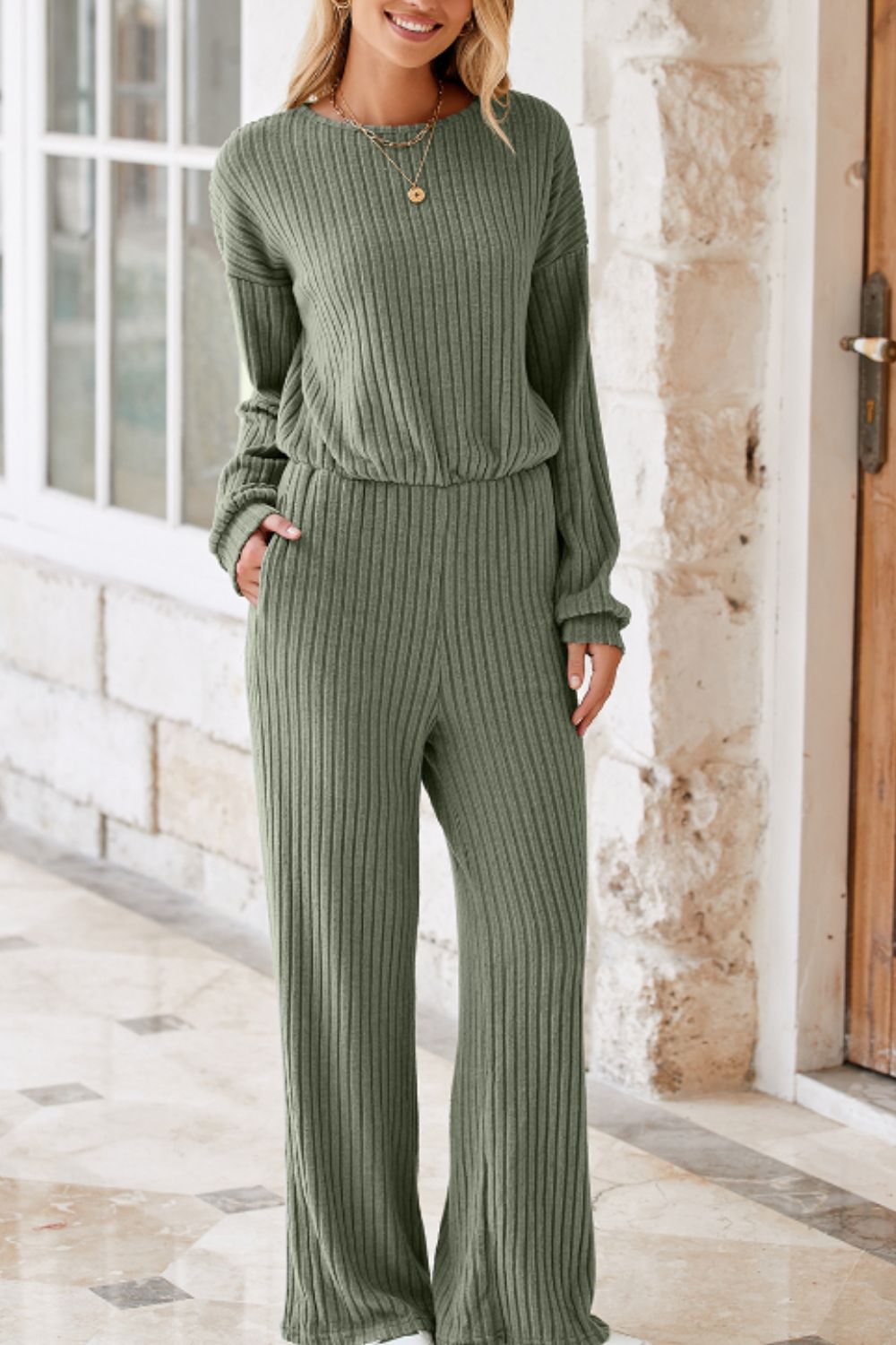 LIZAKOSHT  -  Round Neck Long Sleeve Jumpsuit