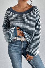 LIZAKOSHT  -  Striped Boat Neck Long Sleeve Sweater